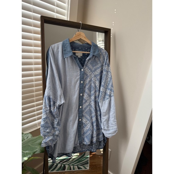 American Eagle By Payless Tops - American Eagle Patchwork Striped Floral Denim Button Up Shirt Women Medium Y2K